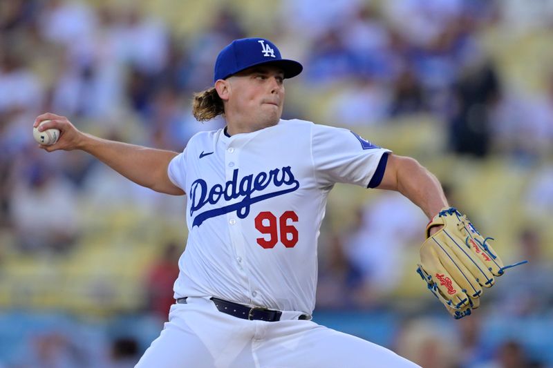 Jun 21, 2024; Los Angeles, California, USA;  Los Angeles Dodgers starting pitcher Landon Knack (40) delivers to the plate in the first inning against the Los Angeles Angels at Dodger Stadium. Mandatory Credit: Jayne Kamin-Oncea-USA TODAY Sports