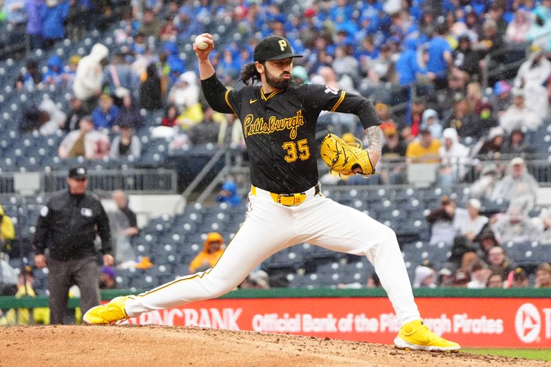 May 4, 2024; Pittsburgh, Pennsylvania, USA; Pittsburgh Pirates pitcher Colin Holderman (35) delivers a pitch against the Colorado Rockies during the eighth inning at PNC Park. Mandatory Credit: Gregory Fisher-USA TODAY Sports