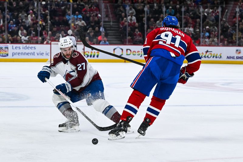 Jan 15, 2024; Montreal, Quebec, CAN; Montreal Canadiens center Sean Monahan (91) defends against Colorado Avalanche left wing Jonathan Drouin (27) during the second period at Bell Centre. Mandatory Credit: David Kirouac-USA TODAY Sports