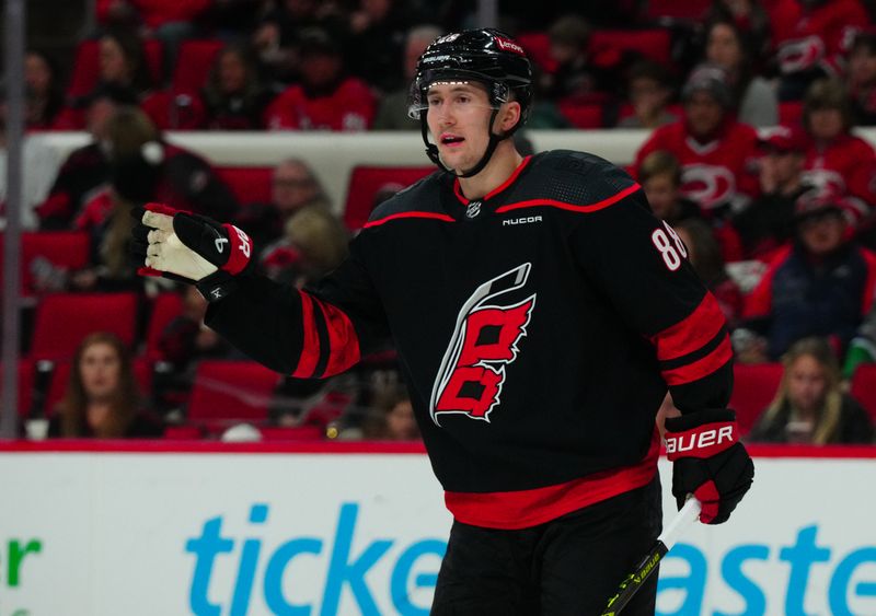 Jan 21, 2024; Raleigh, North Carolina, USA;  Carolina Hurricanes center Martin Necas (88) reacts against the Minnesota Wild during the second period at PNC Arena. Mandatory Credit: James Guillory-USA TODAY Sports