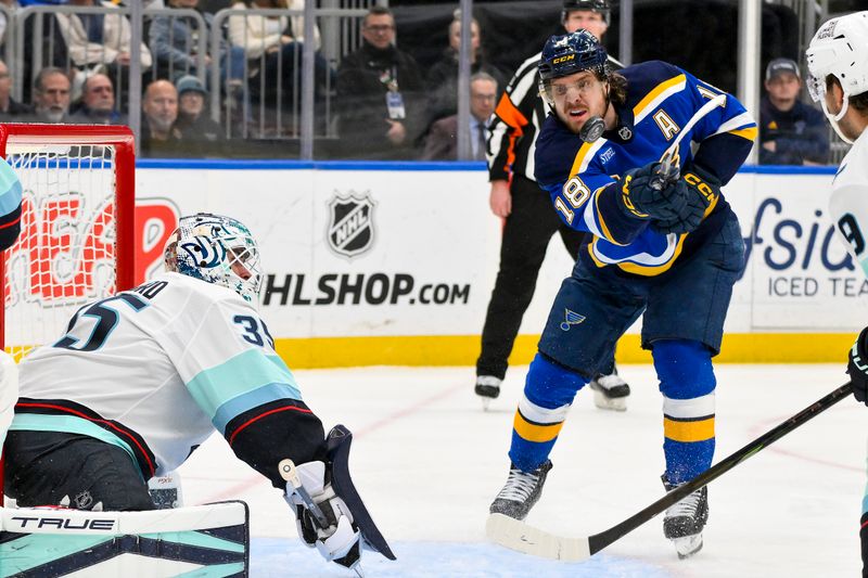 Feb 25, 2025; St. Louis, Missouri, USA;  St. Louis Blues center Robert Thomas (18) tips the puck out of the air and scores against Seattle Kraken goaltender Joey Daccord (35) during the second period at Enterprise Center. Mandatory Credit: Jeff Curry-Imagn Images