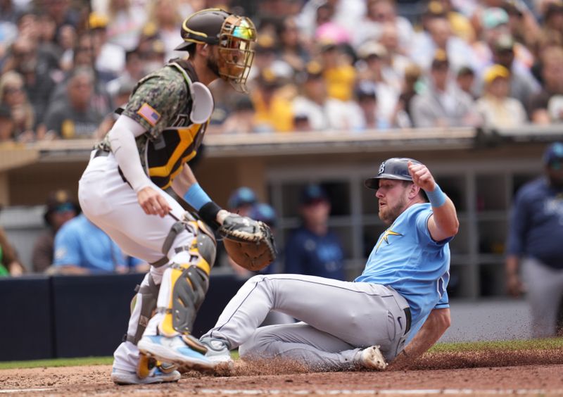 Jun 18, 2023; San Diego, California, USA;  Tampa Bay Rays designated hitter Luke Raley (55) scores against the San Diego Padres during the fourth inning at Petco Park. Mandatory Credit: Ray Acevedo-USA TODAY Sports