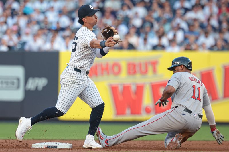 Jul 7, 2024; Bronx, New York, USA; New York Yankees third baseman Oswaldo Cabrera (95) attempts to turn a double play after forcing out Boston Red Sox third baseman Rafael Devers (11) at second base at Yankee Stadium. Mandatory Credit: Vincent Carchietta-USA TODAY Sports