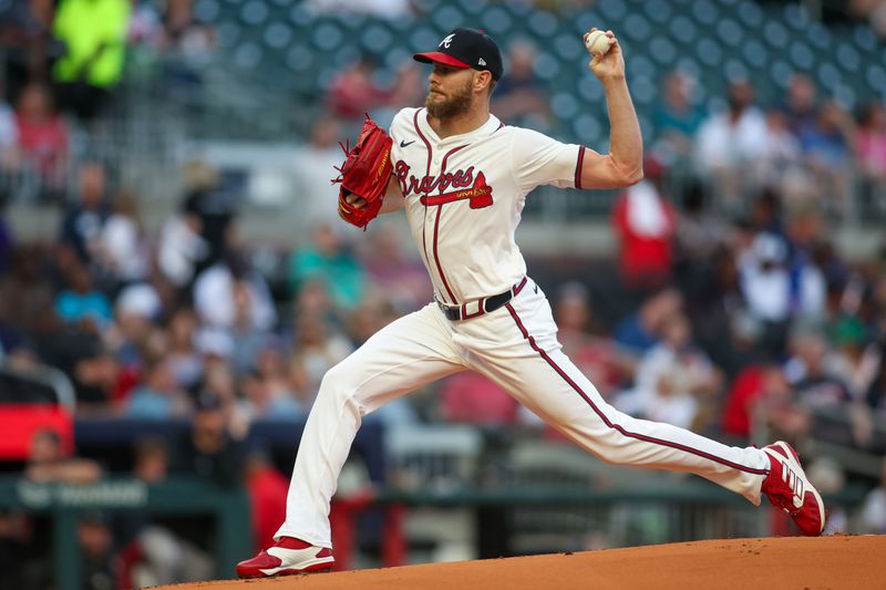 Sep 3, 2024; Atlanta, Georgia, USA; Atlanta Braves starting pitcher Chris Sale (51) throws against the Colorado Rockies in the first inning at Truist Park. Mandatory Credit: Brett Davis-Imagn Images 
