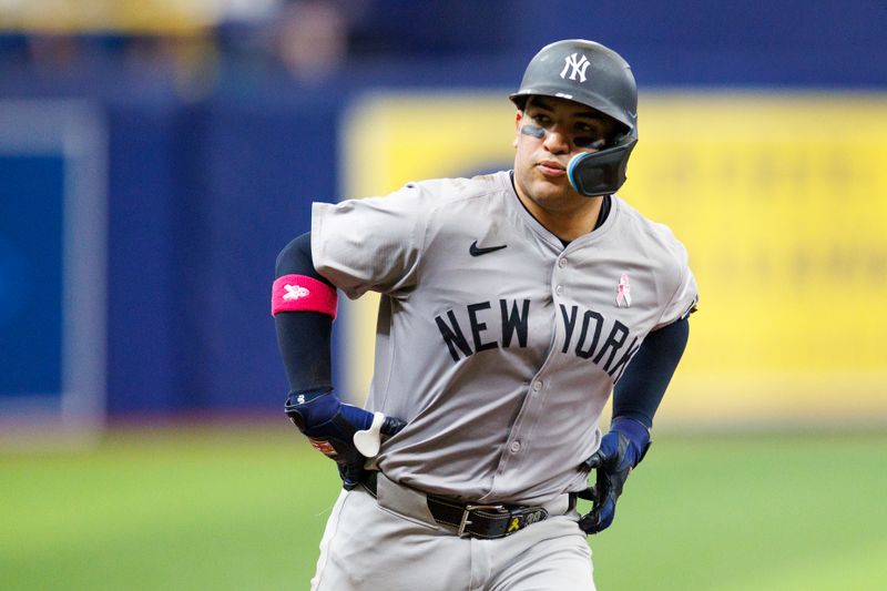 May 12, 2024; St. Petersburg, Florida, USA;  New York Yankees catcher Jose Trevino (39) runs the bases after hitting a two run home run against the Tampa Bay Rays in the fourth inning at Tropicana Field. Mandatory Credit: Nathan Ray Seebeck-USA TODAY Sports