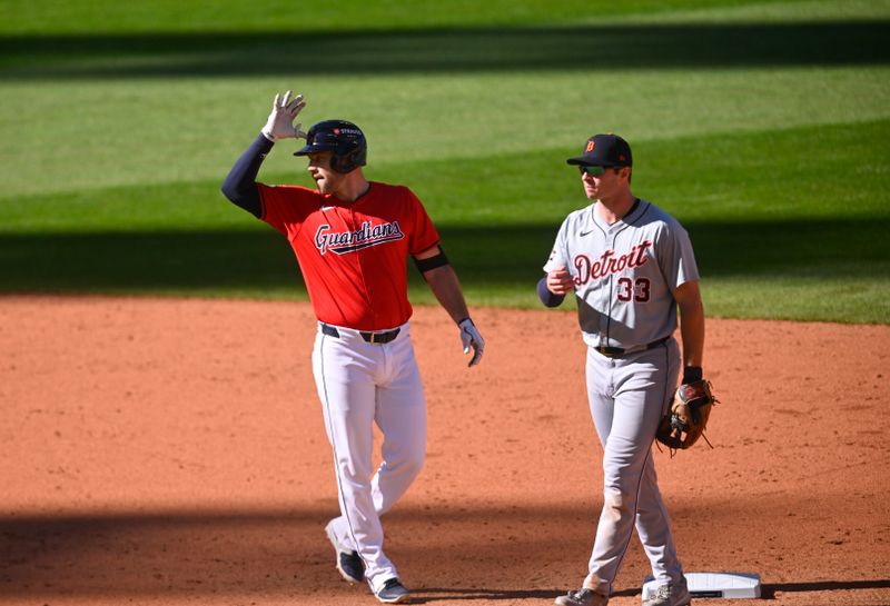 Oct 5, 2024; Cleveland, Ohio, USA; Cleveland Guardians designated hitter David Fry (6) celebrates a two-run double against the Detroit Tigers in the sixth inning in game one of the ALDS for the 2024 MLB Playoffs at Progressive Field. Mandatory Credit: David Richard-Imagn Images