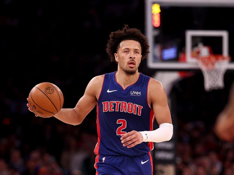 NEW YORK, NEW YORK - NOVEMBER 30:  Cade Cunningham #2 of the Detroit Pistons takes the ball in the third quarter against the New York Knicks at Madison Square Garden on November 30, 2023 in New York City. NOTE TO USER: User expressly acknowledges and agrees that, by downloading and or using this photograph, User is consenting to the terms and conditions of the Getty Images License Agreement. (Photo by Elsa/Getty Images)