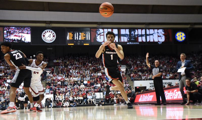 Feb 18, 2023; Tuscaloosa, Alabama, USA;  Georgia guard Jabri Abour-Rahim (1) takes an inbound pass as he plays against Alabama at Coleman Coliseum. Mandatory Credit: Gary Cosby Jr.-USA TODAY Sports