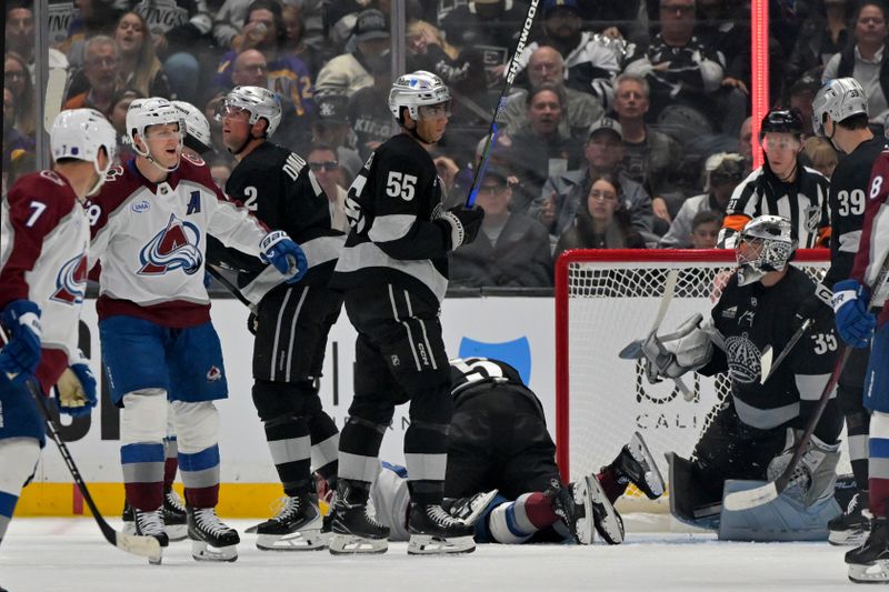 Oct 7, 2025; Los Angeles, California, USA;  Colorado Avalanche players celebrate after a goal during the second period against the Los Angeles Kings at Crypto.com Arena. Mandatory Credit: Jayne Kamin-Oncea-Imagn Images