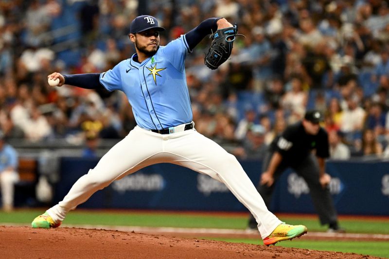 May 26, 2024; St. Petersburg, Florida, USA; Tampa Bay Rays starting pitcher Taj Bradley (45) throws a pitch in the third inning against the Kansas City Royals at Tropicana Field. Mandatory Credit: Jonathan Dyer-USA TODAY Sports