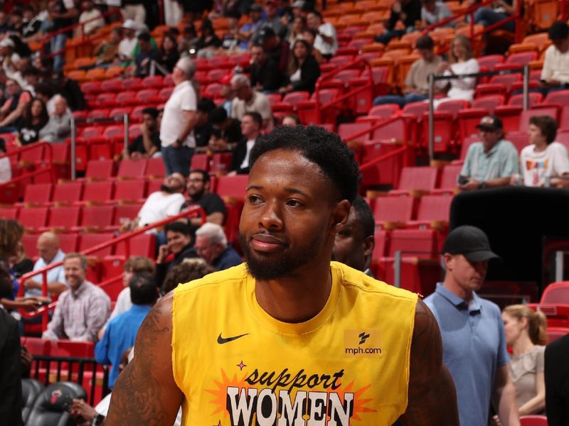 MIAMI, FL - MARCH 29: Haywood Highsmith #24 of the Miami Heat warms up before the game against the Portland Trail Blazers on March 29, 2024 at Kaseya Center in Miami, Florida. NOTE TO USER: User expressly acknowledges and agrees that, by downloading and or using this Photograph, user is consenting to the terms and conditions of the Getty Images License Agreement. Mandatory Copyright Notice: Copyright 2024 NBAE (Photo by Issac Baldizon/NBAE via Getty Images)