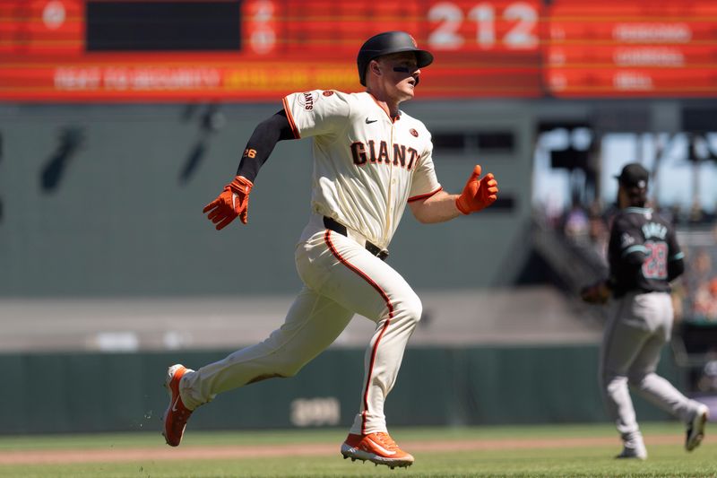 Sep 5, 2024; San Francisco, California, USA;  San Francisco Giants third base Matt Chapman (26) runs home during the fourth inning against the Arizona Diamondbacks at Oracle Park. Mandatory Credit: Stan Szeto-Imagn Images