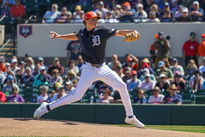 Feb 24, 2024; Lakeland, Florida, USA; Detroit Tigers starting pitcher Reese Olson (40) pitches during the first inning against the New York Yankees at Publix Field at Joker Marchant Stadium. Mandatory Credit: Mike Watters-USA TODAY Sports