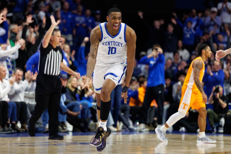 Feb 11, 2025; Lexington, Kentucky, USA; Kentucky Wildcats forward Brandon Garrison (10) reacts after making a three point basket during the first half against the Tennessee Volunteers at Rupp Arena at Central Bank Center. Mandatory Credit: Jordan Prather-Imagn Images