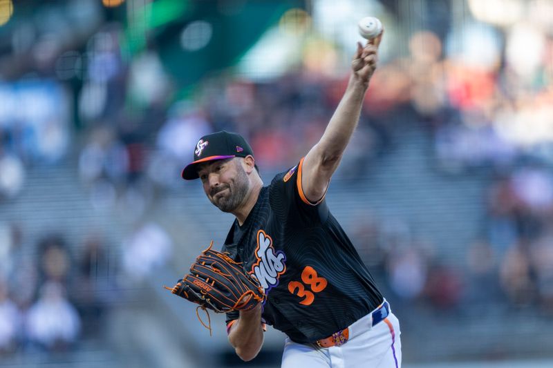 May 13, 2025; San Francisco, California, USA; San Francisco Giants starting pitcher Robbie Ray (38) throws against the Arizona Diamondbacks during the first inning at Oracle Park. Mandatory Credit: John Hefti-Imagn Images