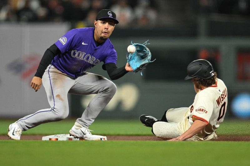 May 1, 2025; San Francisco, California, USA; Colorado Rockies shortstop Alan Trejo (31) tags out San Francisco Giants pinch runner Brett Wisely (0) while attempting to steal second base in the eighth inning at Oracle Park. Mandatory Credit: Eakin Howard-Imagn Images