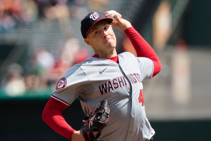 Apr 10, 2024; San Francisco, California, USA; Washington Nationals starting pitcher Patrick Corbin (46) throws a pitch against the San Francisco Giants during the first inning at Oracle Park. Mandatory Credit: Robert Edwards-USA TODAY Sports