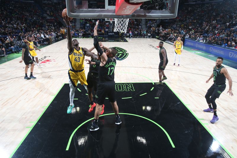 NEW ORLEANS, LA - MARCH 1:  Pascal Siakam #43 of the Indiana Pacers drives to the basket during the game against the New Orleans Pelicans on March 1, 2024 at the Smoothie King Center in New Orleans, Louisiana. NOTE TO USER: User expressly acknowledges and agrees that, by downloading and or using this Photograph, user is consenting to the terms and conditions of the Getty Images License Agreement. Mandatory Copyright Notice: Copyright 2024 NBAE (Photo by Layne Murdoch Jr./NBAE via Getty Images)