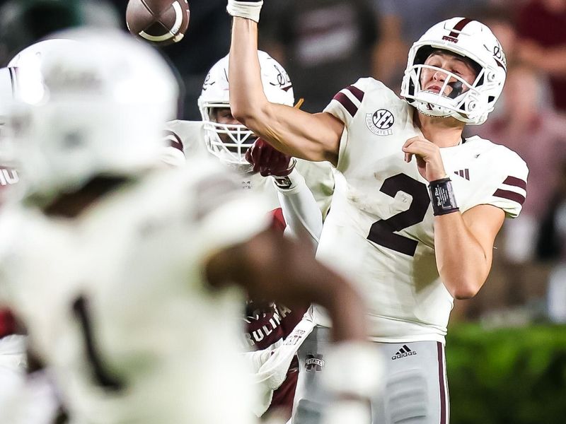 Sep 23, 2023; Columbia, South Carolina, USA; Mississippi State Bulldogs quarterback Will Rogers (2) loses a fumble against the Mississippi State Bulldogs in the second half at Williams-Brice Stadium. Mandatory Credit: Jeff Blake-USA TODAY Sports