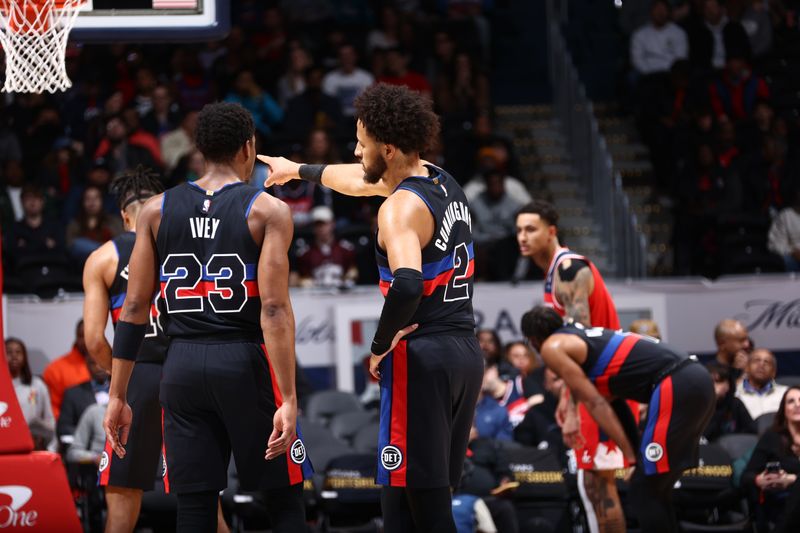 WASHINGTON, DC -? MARCH 29: Cade Cunningham #2 of the Detroit Pistons talks with Jaden Ivey #23 during the game against the Washington Wizards on March 29, 2024 at Capital One Arena in Washington, DC. NOTE TO USER: User expressly acknowledges and agrees that, by downloading and or using this Photograph, user is consenting to the terms and conditions of the Getty Images License Agreement. Mandatory Copyright Notice: Copyright 2024 NBAE (Photo by Kenny Giarla/NBAE via Getty Images)