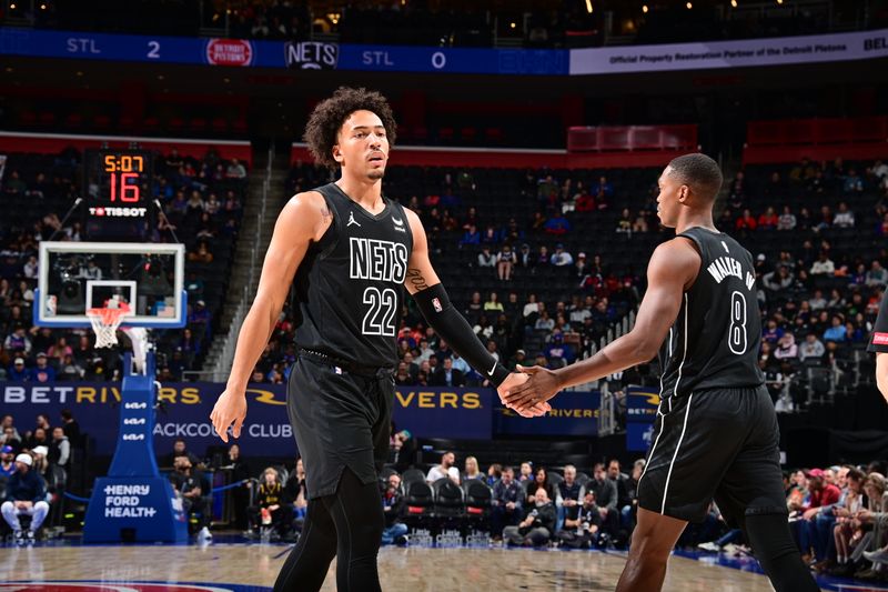 DETROIT, MI - MARCH 7: Jalen Wilson #22 of the Brooklyn Nets high fives Lonnie Walker IV #8 during the game against the Detroit Pistons on March 7, 2024 at Little Caesars Arena in Detroit, Michigan. NOTE TO USER: User expressly acknowledges and agrees that, by downloading and/or using this photograph, User is consenting to the terms and conditions of the Getty Images License Agreement. Mandatory Copyright Notice: Copyright 2024 NBAE (Photo by Chris Schwegler/NBAE via Getty Images)