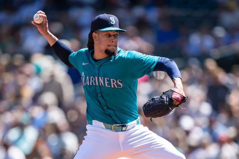 Jul 24, 2024; Seattle, Washington, USA;  Seattle Mariners starter Luis Castillo (58) delivers a pitch during the second inning against the Los Angeles Angels at T-Mobile Park. Mandatory Credit: Stephen Brashear-USA TODAY Sports