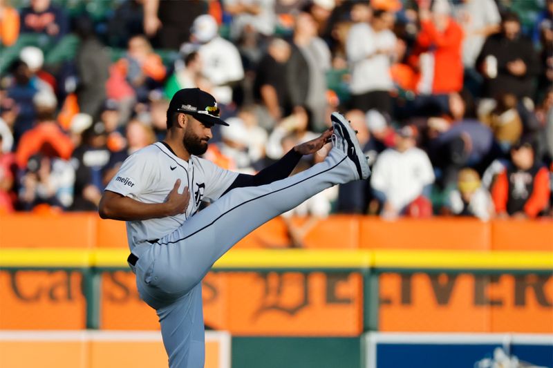 Oct 10, 2024; Detroit, Michigan, USA; Detroit Tigers outfielder Riley Greene (31) warms up before the game against the Cleveland Guardians during game four of the ALDS for the 2024 MLB Playoffs at Comerica Park. Mandatory Credit: Rick Osentoski-Imagn Images