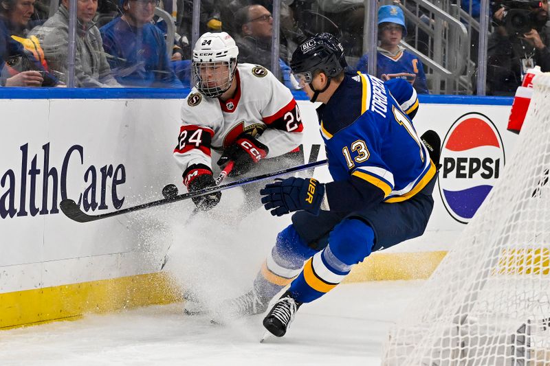 Dec 14, 2023; St. Louis, Missouri, USA;  Ottawa Senators defenseman Jacob Bernard-Docker (24) and St. Louis Blues right wing Alexey Toropchenko (13) battle for the puck during the second period at Enterprise Center. Mandatory Credit: Jeff Curry-USA TODAY Sports