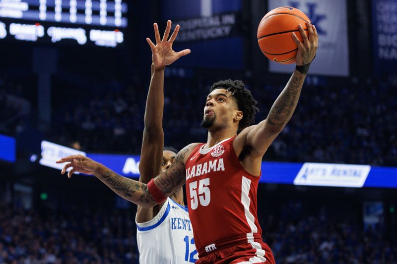 Feb 24, 2024; Lexington, Kentucky, USA; Alabama Crimson Tide guard Aaron Estrada (55) goes to the basket during the first half against the Kentucky Wildcats at Rupp Arena at Central Bank Center. Mandatory Credit: Jordan Prather-USA TODAY Sports