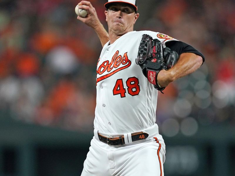 Aug 24, 2023; Baltimore, Maryland, USA; Baltimore Orioles pitcher Kyle Gibson (48) delivers in the first inning against the Toronto Blue Jays at Oriole Park at Camden Yards. Mandatory Credit: Mitch Stringer-USA TODAY Sports