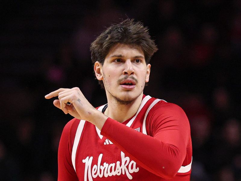 Feb 7, 2026; Piscataway, New Jersey, USA; Nebraska Cornhuskers forward Berke Buyuktuncel (9) in action against the Rutgers Scarlet Knights during the first half at Jersey Mike's Arena. Mandatory Credit: Vincent Carchietta-Imagn Images