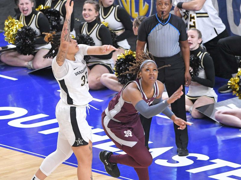 Mar 1, 2023; Greenville, SC, USA; Texas A&M forward Janiah Barker (2) shoots near Vanderbilt forward Sacha Washington (35) during the first quarter of the SEC Women's Basketball Tournament at Bon Secours Wellness Arena. Mandatory Credit: Ken Ruinard-USA TODAY Sports