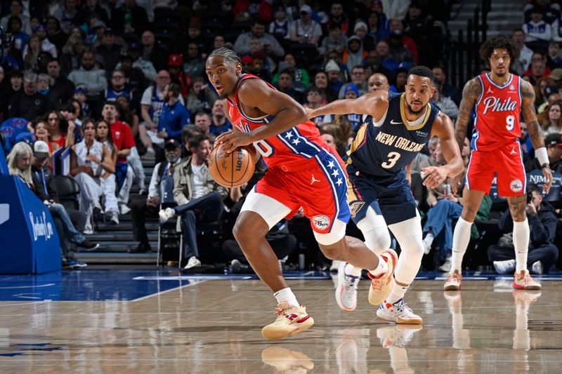 PHILADELPHIA, PA - JANUARY 10: Tyrese Maxey #0 of the Philadelphia 76ers dribbles the ball during the game against the New Orleans Pelicans on January 10, 2025 at the Wells Fargo Center in Philadelphia, Pennsylvania NOTE TO USER: User expressly acknowledges and agrees that, by downloading and/or using this Photograph, user is consenting to the terms and conditions of the Getty Images License Agreement. Mandatory Copyright Notice: Copyright 2025 NBAE (Photo by David Dow/NBAE via Getty Images)