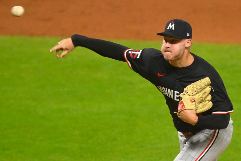 Sep 17, 2024; Cleveland, Ohio, USA; Minnesota Twins relief pitcher Cole Sands (44) in the sixth inning against the Cleveland Guardians at Progressive Field. Mandatory Credit: David Richard-Imagn Images