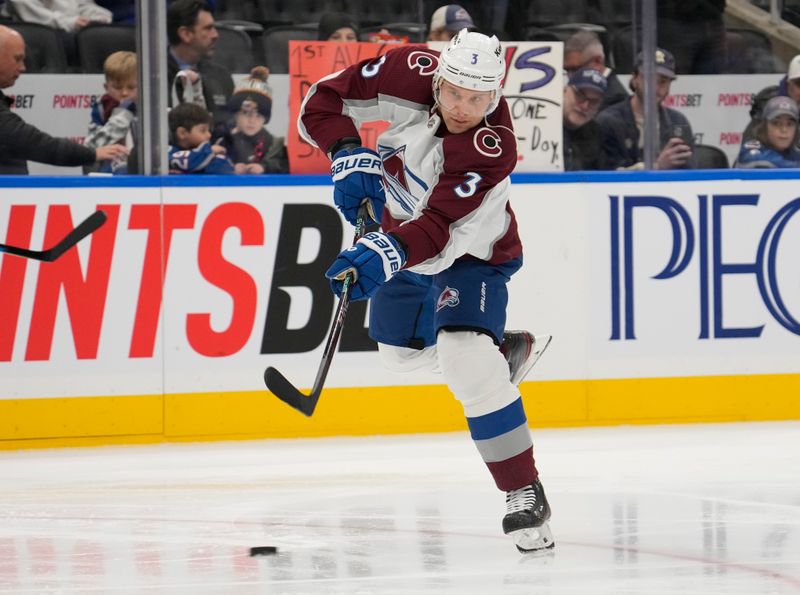 Jan 13, 2024; Toronto, Ontario, CAN; Colorado Avalanche defenseman Jack Johnson (3) shoots the puck during the warm up before a game against the Toronto Maple Leafs at Scotiabank Arena. Mandatory Credit: John E. Sokolowski-USA TODAY Sports