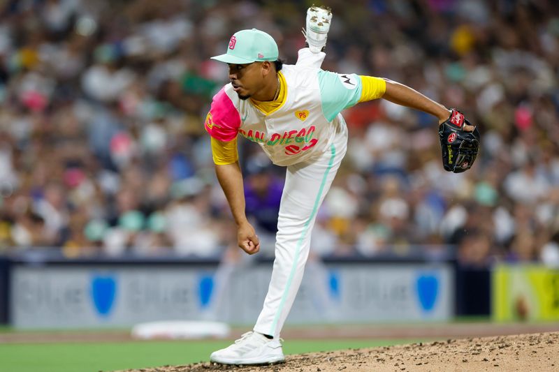 Aug 2, 2024; San Diego, California, USA; San Diego Padres relief pitcher Jeremiah Estrada (56) throws a pitch during the sixth inning against the Colorado Rockies at Petco Park. Mandatory Credit: David Frerker-USA TODAY Sports