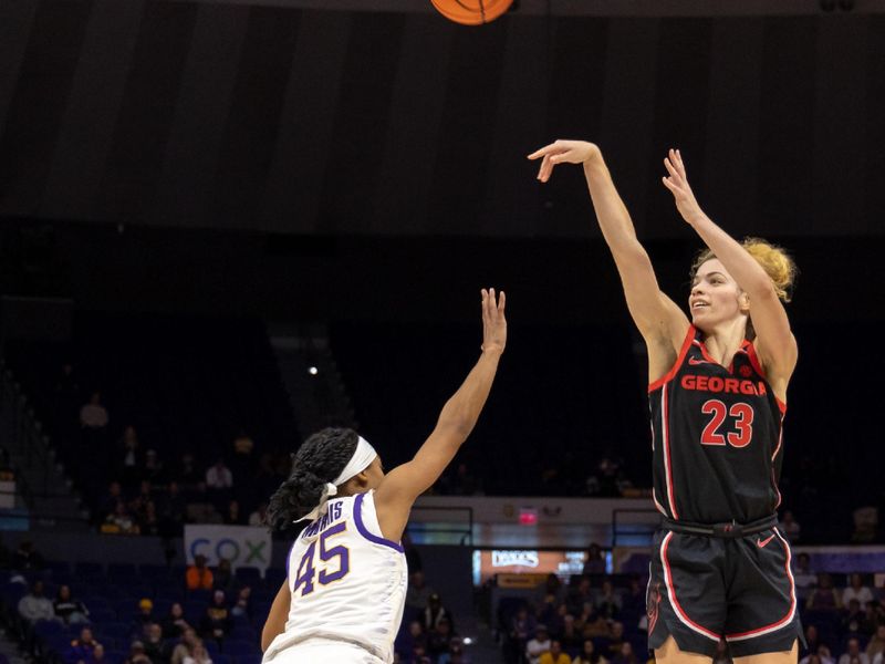 Feb 2, 2023; Baton Rouge, Louisiana, USA; Georgia Lady Bulldogs guard Alisha Lewis (23) shoots a jump shot over LSU Lady Tigers guard Alexis Morris (45) during the second half at Pete Maravich Assembly Center. Mandatory Credit: Stephen Lew-USA TODAY Sports