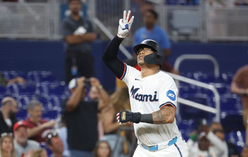 Jun 18, 2024; Miami, Florida, USA;  Miami Marlins catcher Christian Bethancourt (25)reacts after hitting a solo home run against the St. Louis Cardinals in the sixth inning at loanDepot Park. Mandatory Credit: Rhona Wise-USA TODAY Sports