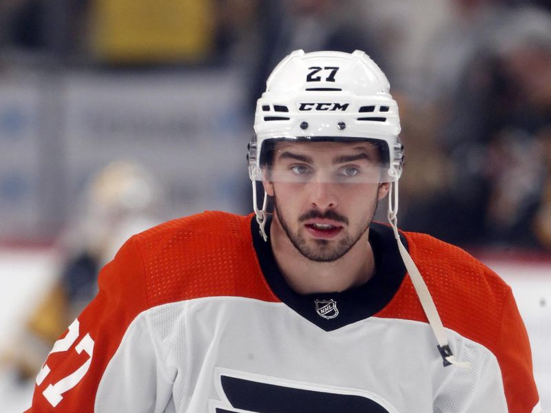 Feb 25, 2024; Pittsburgh, Pennsylvania, USA;  Philadelphia Flyers left wing Noah Cates (27) warms up before the game against the Pittsburgh Penguins at PPG Paints Arena. Mandatory Credit: Charles LeClaire-USA TODAY Sports