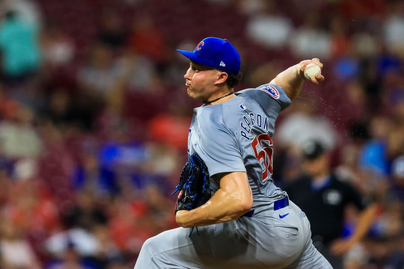 Jul 29, 2024; Cincinnati, Ohio, USA; Chicago Cubs relief pitcher Nate Pearson (56) pitches against the Cincinnati Reds in the eighth inning at Great American Ball Park. Mandatory Credit: Katie Stratman-USA TODAY Sports