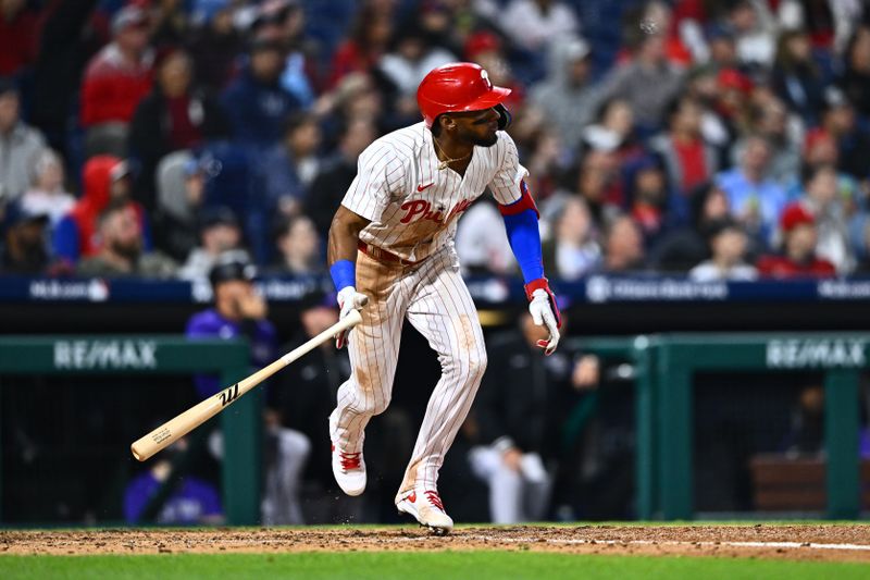 Apr 17, 2024; Philadelphia, Pennsylvania, USA; Philadelphia Phillies outfielder Johan Rojas (18) hits a double against the Colorado Rockies in the sixth inning at Citizens Bank Park. Mandatory Credit: Kyle Ross-USA TODAY Sports