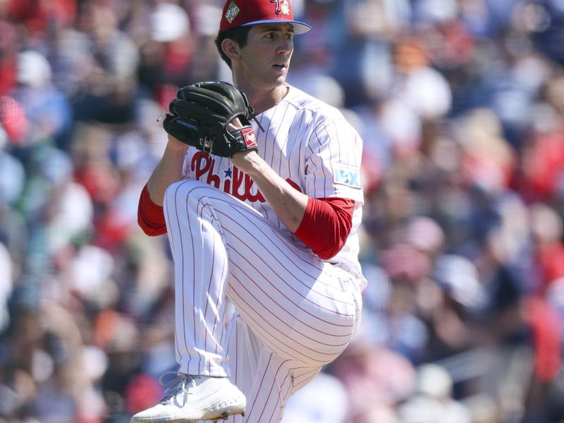 Mar 1, 2026; Clearwater, Florida, USA; Philadelphia Phillies starting pitcher Andrew Painter (76) throws a pitch against the New York Yankees in the first inning during spring training at BayCare Ballpark. Mandatory Credit: Nathan Ray Seebeck-Imagn Images