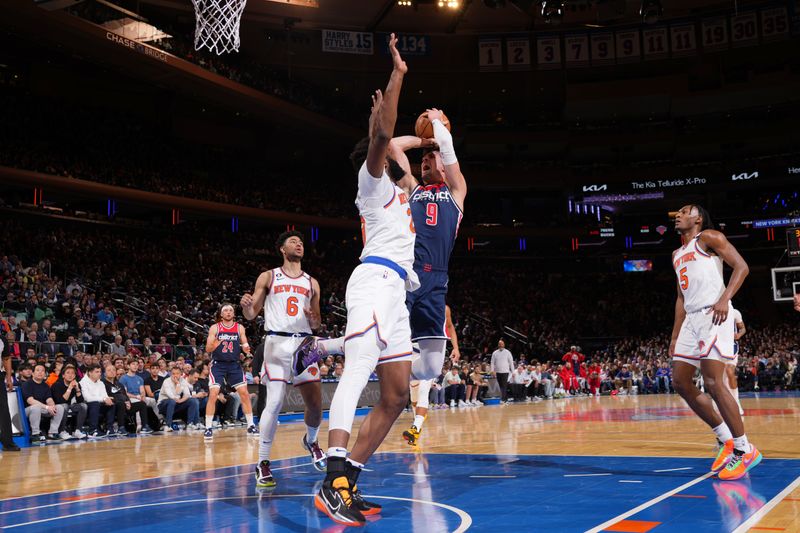 NEW YORK, NY - APRIL 2: Deni Avdija #9 of the Washington Wizards shoots the ball during the game against the New York Knicks on April 2, 2023 at Madison Square Garden in New York City, New York NOTE TO USER: User expressly acknowledges and agrees that, by downloading and/or using this Photograph, user is consenting to the terms and conditions of the Getty Images License Agreement. Mandatory Copyright Notice: Copyright 2023 NBAE (Photo by Jesse D. Garrabrant/NBAE via Getty Images)