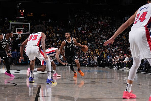 BROOKLYN, NY - DECEMBER 23: Mikal Bridges #1 of the Brooklyn Nets drives to the basket during the game against the Detroit Pistons on December 23, 2023 at Barclays Center in Brooklyn, New York. NOTE TO USER: User expressly acknowledges and agrees that, by downloading and or using this Photograph, user is consenting to the terms and conditions of the Getty Images License Agreement. Mandatory Copyright Notice: Copyright 2023 NBAE (Photo by Jesse D. Garrabrant/NBAE via Getty Images)