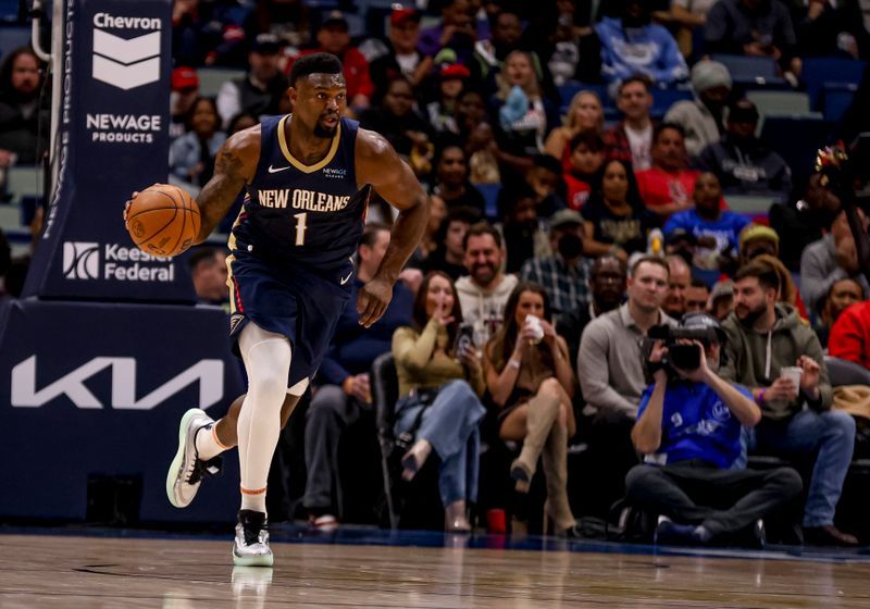 NEW ORLEANS, LOUISIANA - JANUARY 17: Zion Williamson #1 of the New Orleans Pelicans dribbbles the ball upcourt against the Utah Jazz during the first half of a game at the Smoothie King Center on January 17, 2025 in New Orleans, Louisiana. NOTE TO USER: User expressly acknowledges and agrees that, by downloading and or using this photograph, User is consenting to the terms and conditions of the Getty Images License Agreement. (Photo by Derick E. Hingle/Getty Images)