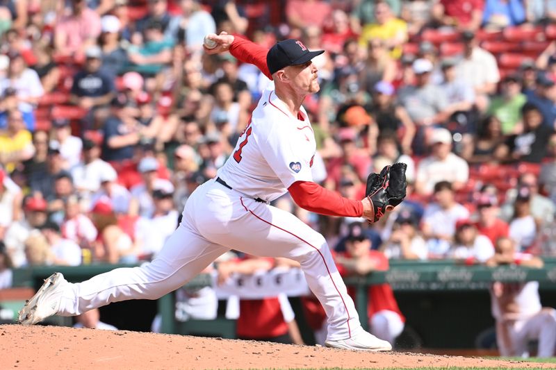 Jun 2, 2024; Boston, Massachusetts, USA;   Boston Red Sox pitcher Cam Booser (71) pitches against the Detroit Tigers during the tenth inning at Fenway Park. Mandatory Credit: Eric Canha-USA TODAY Sports