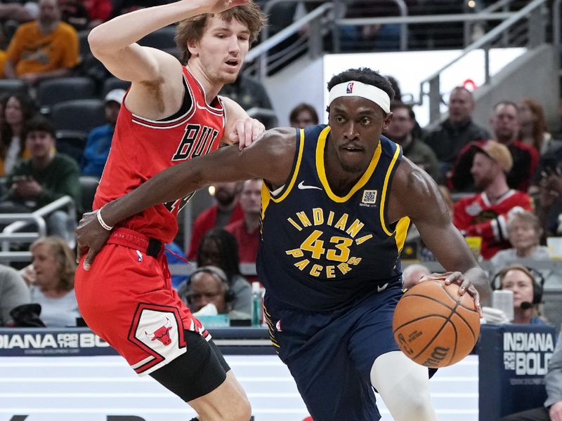INDIANAPOLIS, INDIANA - MARCH 02: Pascal Siakam #43 of the Indiana Pacers dribbles the ball while being guarded by Matas Buzelis #14 of the Chicago Bulls in the first quarter at Gainbridge Fieldhouse on March 02, 2025 in Indianapolis, Indiana. NOTE TO USER: User expressly acknowledges and agrees that, by downloading and or using this photograph, User is consenting to the terms and conditions of the Getty Images License Agreement. (Photo by Dylan Buell/Getty Images)