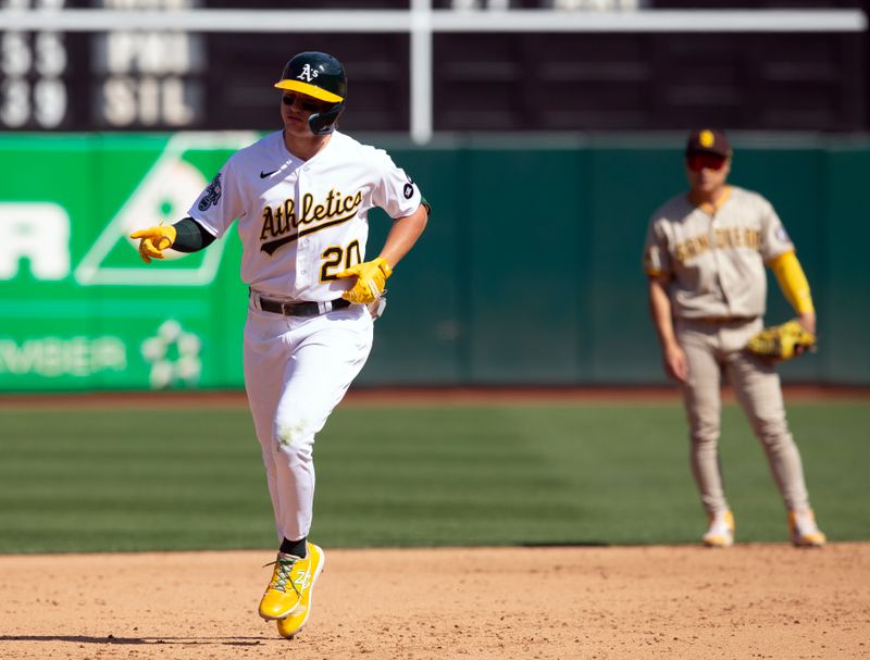 Sep 16, 2023; Oakland, California, USA; Oakland Athletics second baseman Zack Gelof (20) runs out his solo home run against the San Diego Padres during the sixth inning at Oakland-Alameda County Coliseum. Mandatory Credit: D. Ross Cameron-USA TODAY Sports