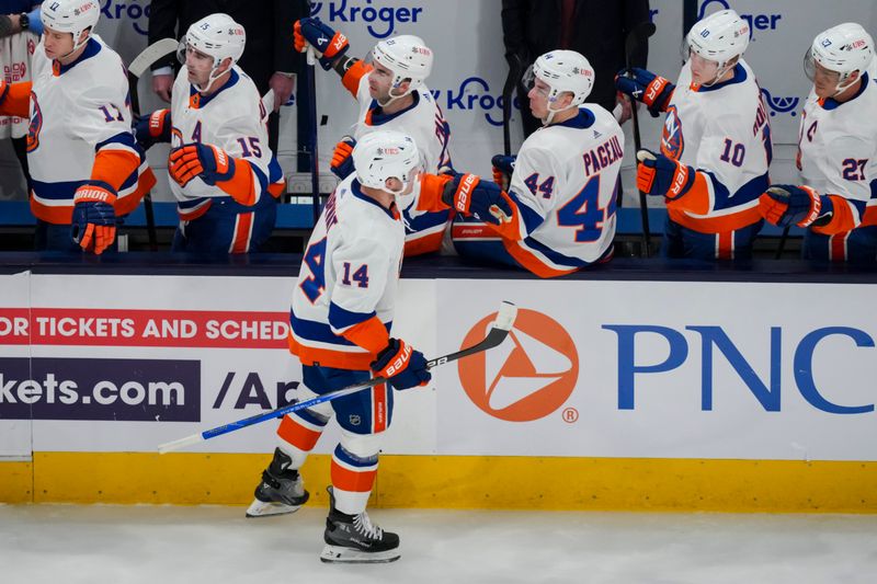 Apr 4, 2024; Columbus, Ohio, USA;  New York Islanders center Bo Horvat (14) celebrates with teammates after scoring a goal against the Columbus Blue Jackets in the first period at Nationwide Arena. Mandatory Credit: Aaron Doster-USA TODAY Sports