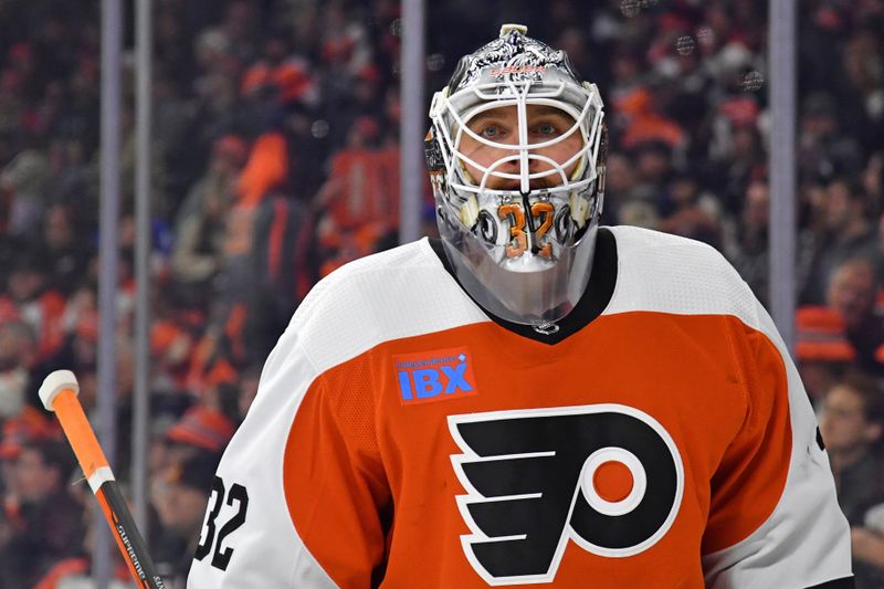 Mar 24, 2024; Philadelphia, Pennsylvania, USA; Philadelphia Flyers goaltender Felix Sandstrom (32) against the Florida Panthers during the second period at Wells Fargo Center. Mandatory Credit: Eric Hartline-USA TODAY Sports